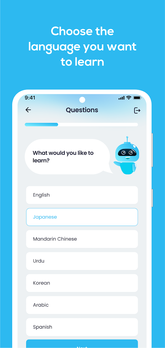 Word Waves screen showing language selection during onboarding
