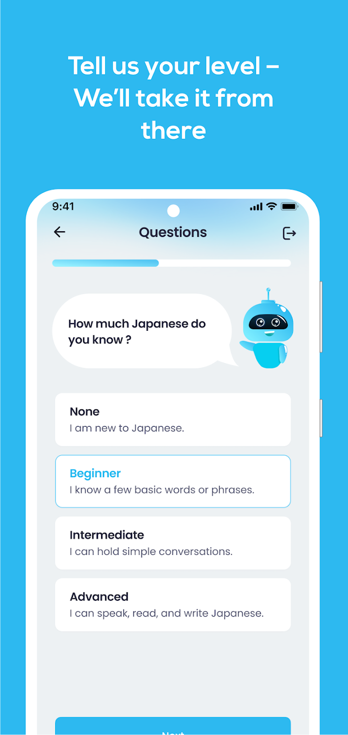 Word Waves screen asking the player to choose their Japanese level